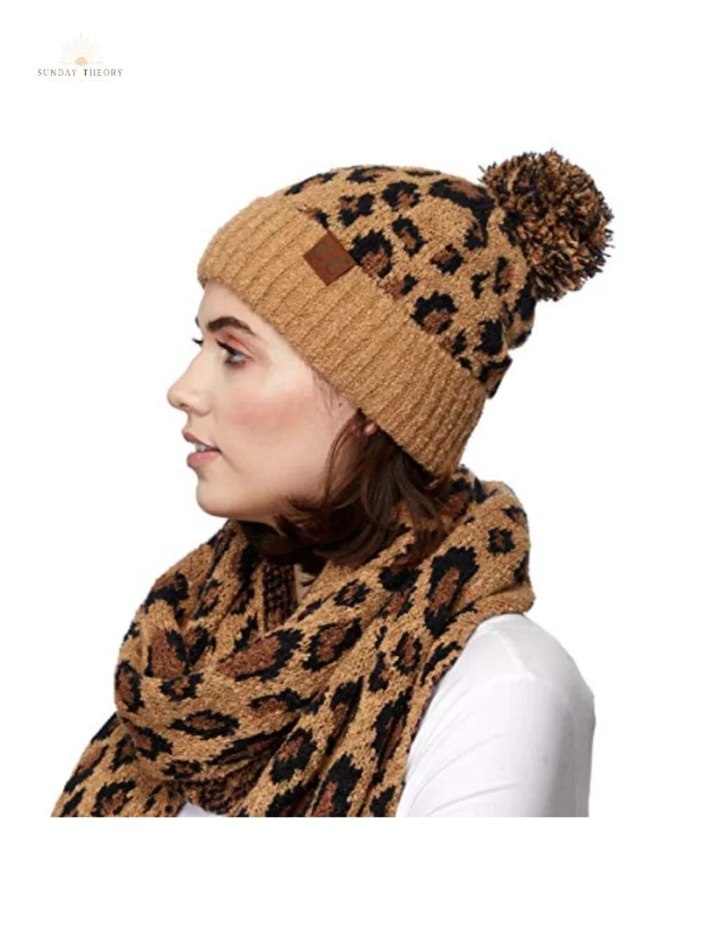 Leopard Pattern Beanie with Fur Pom, Viscose Blend, Winter Hat